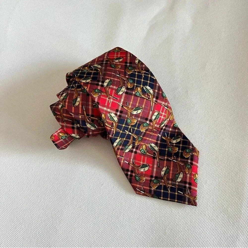 Vintage Huntington Red Navy Tie Tartan/Golf 100% Pure Silk